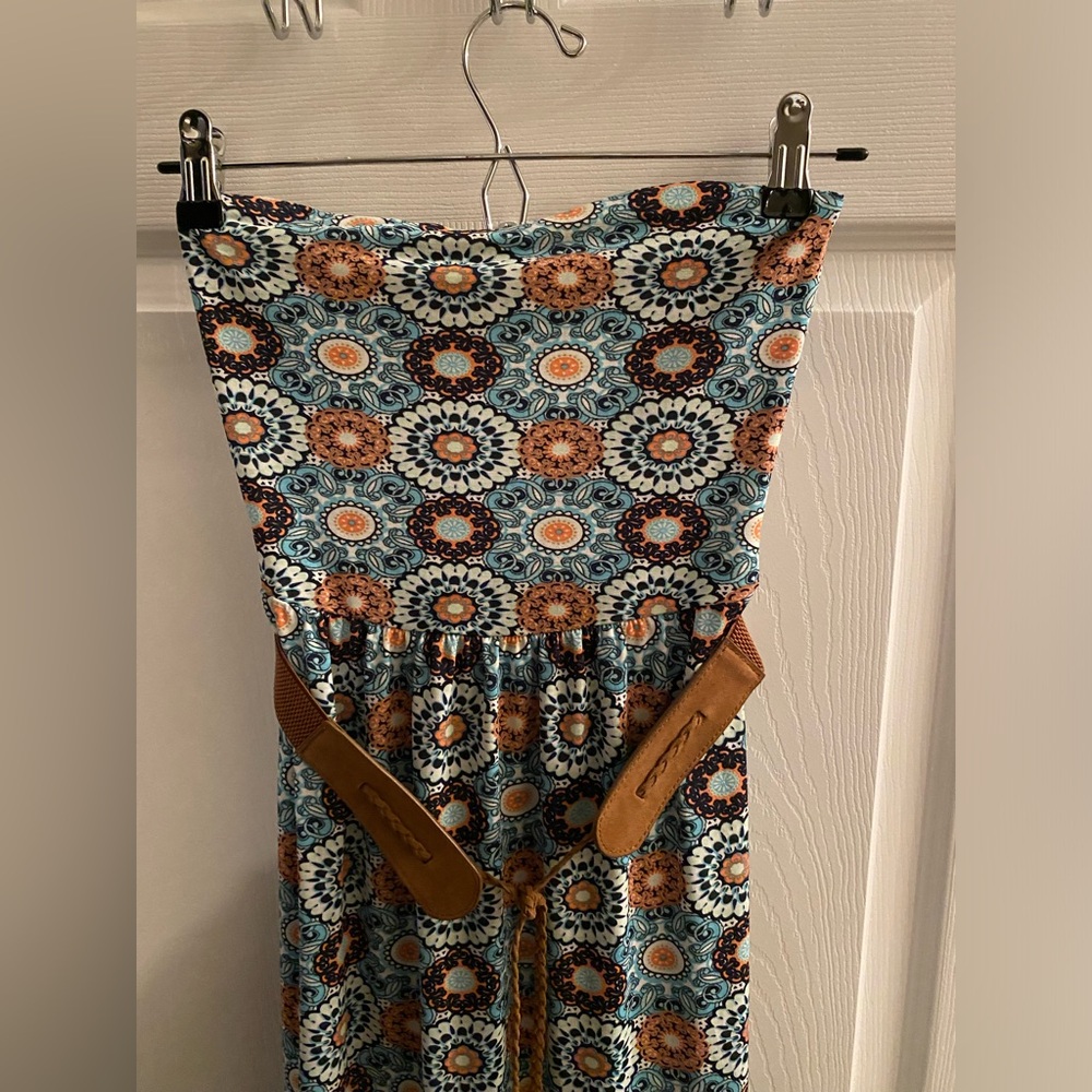 I’m in Love with Derek Strapless Boho Belted Maxi Dress Size Small Blues & Brown - Picture 3 of 5